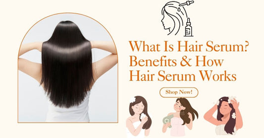 Woman with long, smooth, shiny hair shown from the back alongside text explaining the benefits and how hair serum works, with illustrations of women applying hair care products and a call-to-action button to shop now