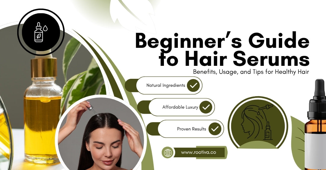 A beginner's guide to hair serums with icons highlighting benefits like natural ingredients, affordability, and proven results.