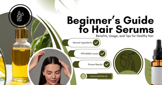 A beginner's guide to hair serums with icons highlighting benefits like natural ingredients, affordability, and proven results.