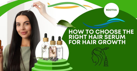 Woman applying hair serum to scalp with natural ingredients and serum bottles displayed — illustrating how to choose the right hair serum for hair growth.