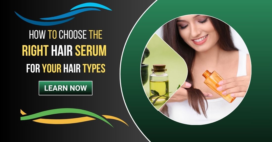 Woman applying hair serum with natural hair serum bottle beside her – How to choose the right hair serum for your hair type