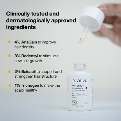 Rootiva Hair Serum with 4% Anagain, 3% Redensyl, 2% Baicapil, 1% Trichogen, Witch Hazel, Rosemary Oil & Rice Water for hair fall control & growth